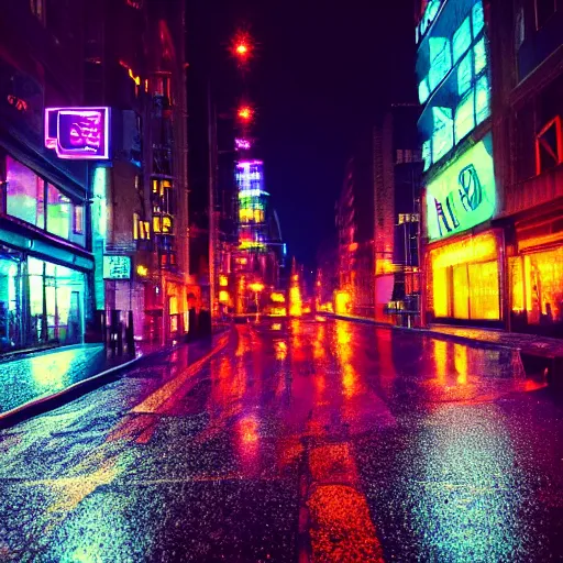 Prompt: A neon cityscape of heavy glow illuminating a dark, rainy street.