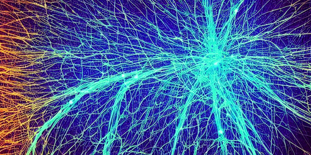 Prompt: “a deep blue network of neurons and fiber optics connected to create a subtle light show”