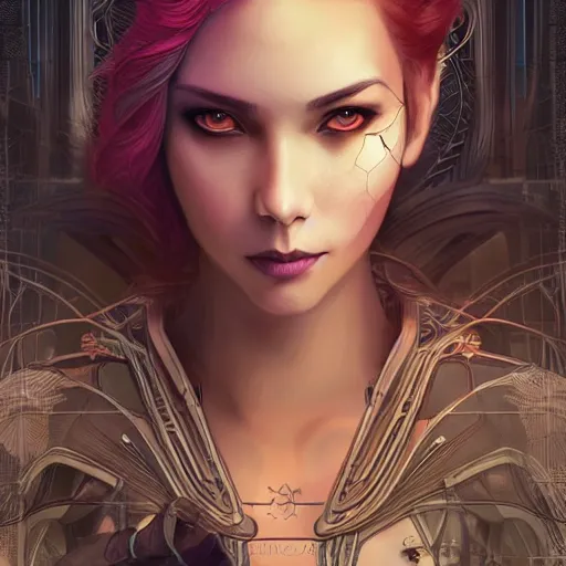 Prompt: an art nouveau, ( cyberpunk ), multi - racial portrait in the style of anna dittmann and charlie bowater and chanthara. very large, clear, expressive, and intelligent eyes. centered, ultrasharp focus, dramatic lighting, photorealistic digital matte painting, intricate symmetrical ultra detailed background.