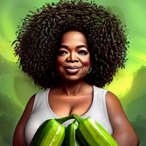 Prompt: a dish of oprah winfreys face fused with okra veg with green stalky ( ( green oprah winfrey's face ) ), oprah okra winfrey sentient veg, by greg rutkowski