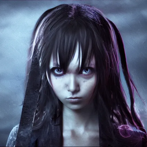 Image similar to photorealistic full shot portrait of angry darkness anime girl, worrying eyes, inspired by Tim Burton, detailed, unreal engine 4k volumetric light, fog,