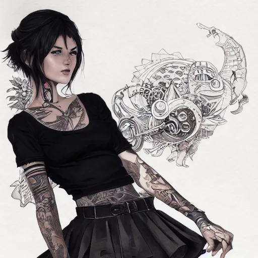 Image similar to french bar maid, tattoos, black t - shirt, black skirt, detailed portrait, intricate complexity, by greg rutkowski, artgerm, ross tran, conrad roset, takato yomamoto, ilya kuvshinov. 4 k, beautiful, cinematic dramatic atmosphere