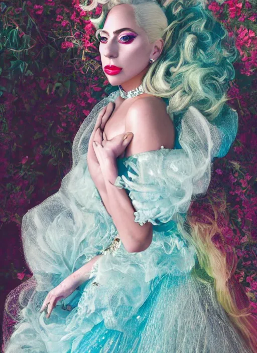 Image similar to lady gaga photohoot artpop disney princess, vogue magazine, fairytale, Highly realistic. High resolution. Highly detailed. Dramatic. 8k.4k.