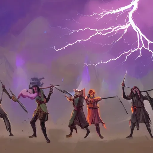 Image similar to A photo of a few sorcerers holding magic staffs and attacking people on the street with thunders, in the downtown, fire from sky, blue lightnings, dramatic purple thunders, golden meteors, war, dramatic shadows, powerful photo, magic, dramatic lighting, intricate, wild, highly detailed, digital painting, artstation, concept art, smooth, sharp focus, illustration, art by artgerm and greg rutkowski and alphonse mucha, footage