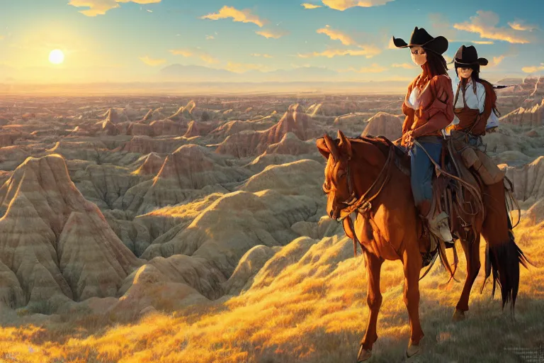 Image similar to western cowgirl in the badlands, single subject, scenic full shot, ambient lighting, detailed face, by makoto shinkai, stanley artgerm lau, wlop, rossdraws