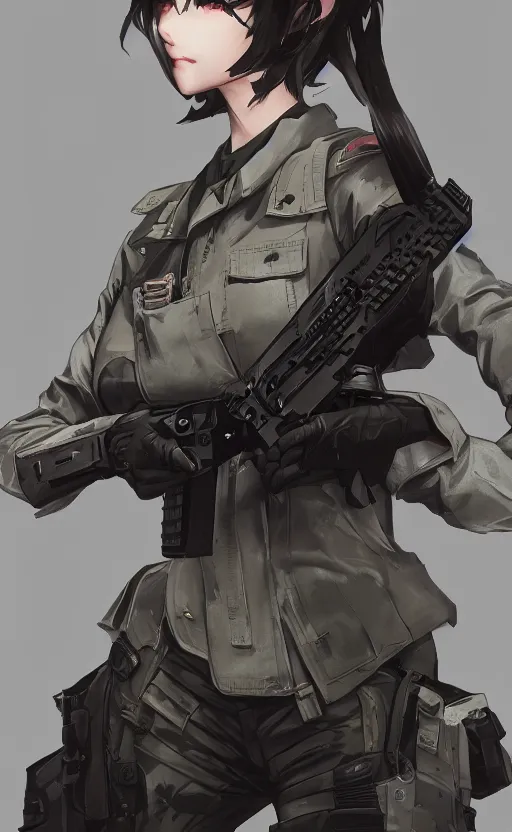 Image similar to highly detailed, high resolution, character design art, stunning, volumetric lightning, realistic guns, girls frontline style, matte, sharp focus, intricate, 150mm, illustration, artstation, by kuvshinov ilya, realistic human anatomy, simple design, realistic military gear, metal gear style