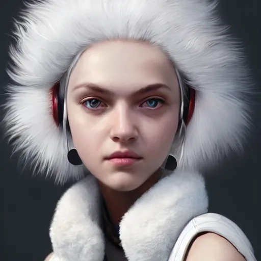 Image similar to a white haired girl wearing earmuffs with bionic eyes, digital art, 8 k resolution, unreal engine, highly detailed, pretty face, very beautiful face, very detailed eyes, photorealistic by wlop, greg rutkowski