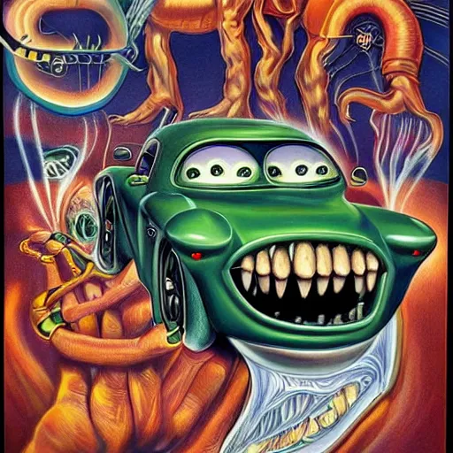 Image similar to beautiful lifelike painting of the wizard of speed and time, hyperreal detailed facial features and uv lighting, art by ed roth and basil wolverton