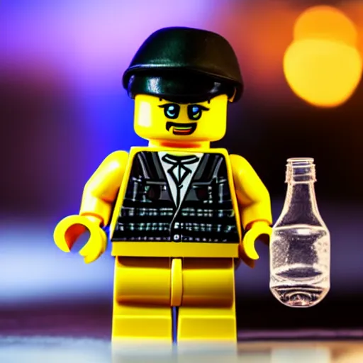 Prompt: !dream macro photo of angry man lego figure in black sportswear, eight-piece cap on head, holding a vodka bottle, ambient lighting