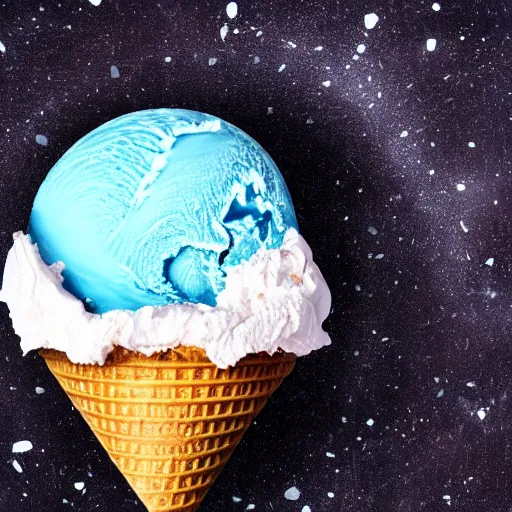 Image similar to earth made of ice cream, in a cone, which is melting under the heat