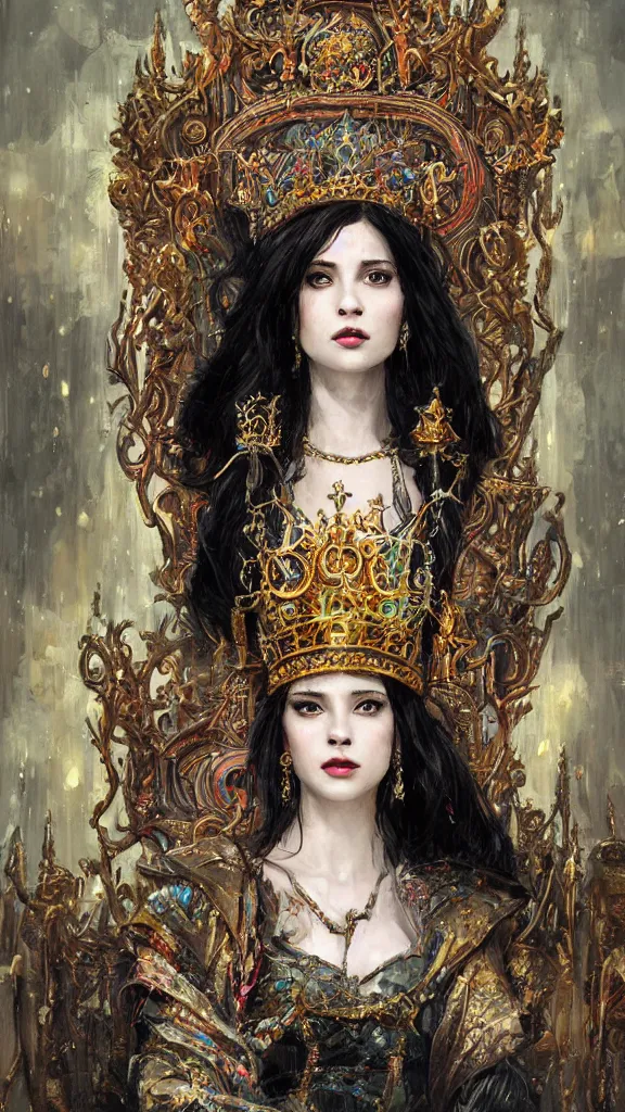 Image similar to painting of a beautiful black haired woman with pale skin and a crown on her head sitted on an intricate metal throne, illustration, artistic, colorful, hyper detailed, in the style of greg rutkowski,