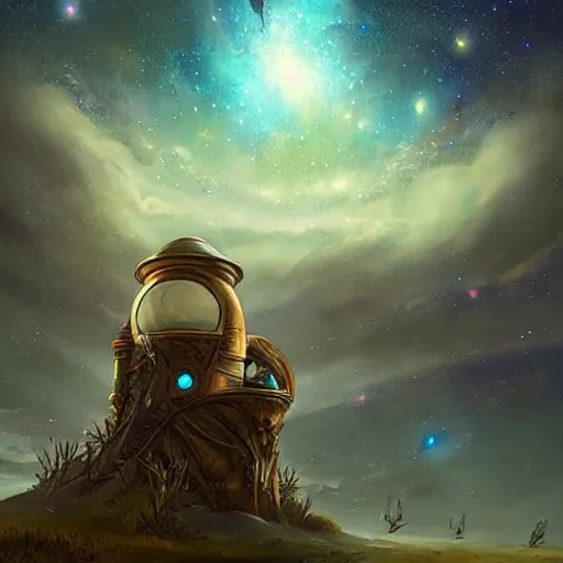 Image similar to modern binocular telescope looking at the galaxy sky, hearthstone coloring style, artwork by greg rutkowski, epic fantasy style art, fantasy epic digital art