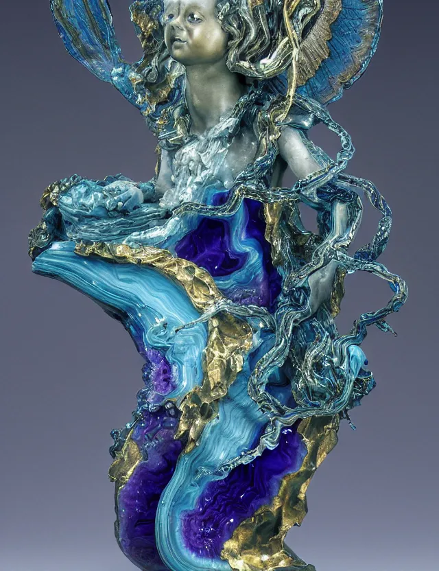 Image similar to a sculpture of a winged child made from blue and emerald and amethyst crystal geode formations with flowing marble water with obsidian base with liquid gold tendrils flowing by carlo maria mariani by stanisław szukalski, octane render, byzantine, spirals, elestial crystals, geode,