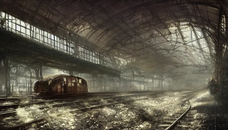 Prompt: Abandoned Dieselpunk railway station, steam, epic composition, intricate, elegant, volumetric lighting, digital painting, highly detailed, artstation, sharp focus, illustration, concept art, ruan jia, steve mccurry