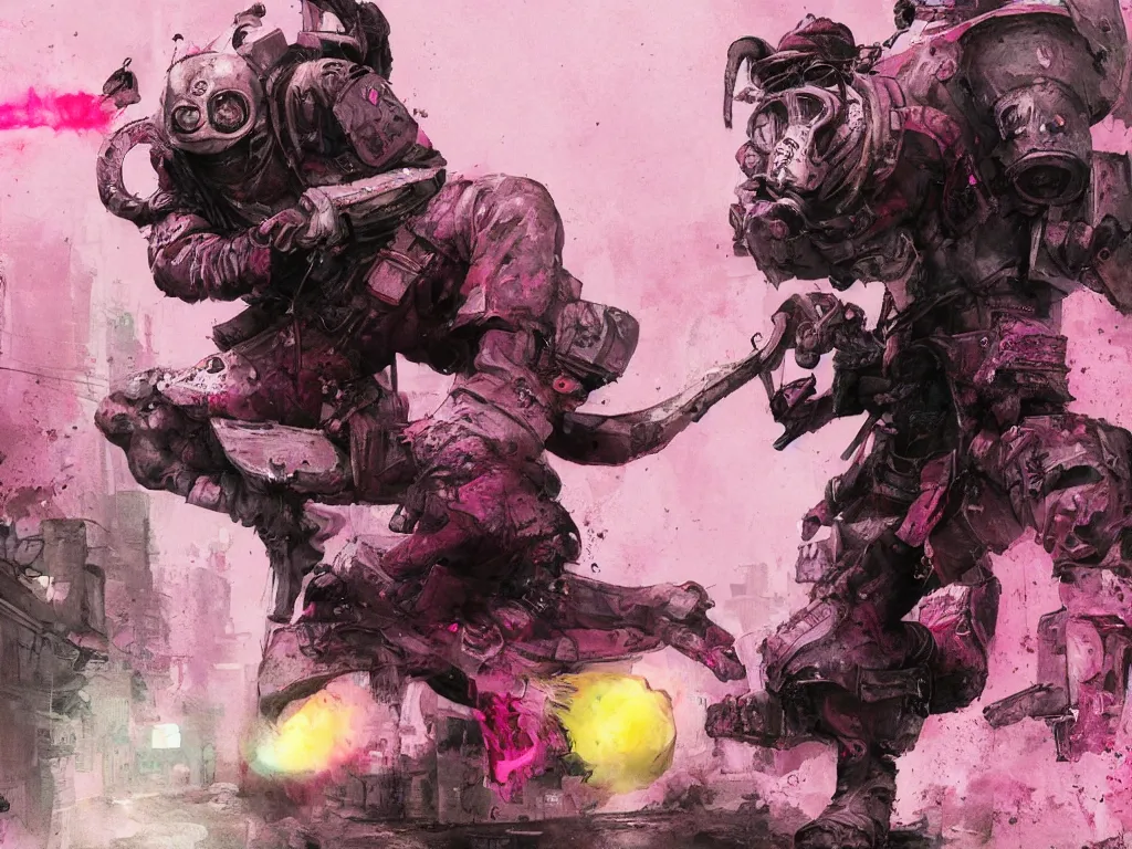 Image similar to Humpty Dumpty , fighting with a pink rubber monkey in a cyberpunk, post apocalyptic Tokyo, D&D, fantasy, highly detailed, digital painting, artstation, concept art, smooth, sharp focus, illustration, art by Bill Sienkiewicz