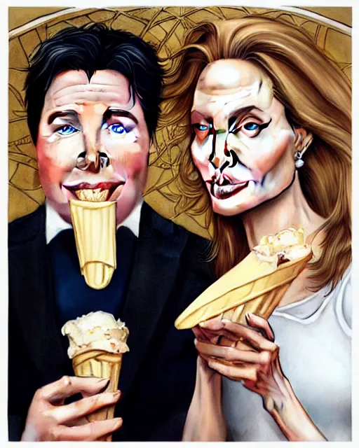 Image similar to Portrait of Michael Mcintyre & blonde Angelina Jolie eating ice creams in Porto,real life skin, intricate, elegant, highly detailed, artstation, concept art, smooth, sharp focus, art by artgerm and greg rutkowski and alphonse mucha