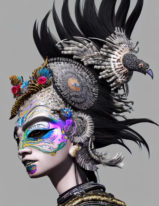 Image similar to 3 d photo realistic goddess close - up profile portrait punk with mohawk with ram skull. beautiful intricately detailed japanese crow kitsune mask and clasical japanese kimono. betta fish, jellyfish phoenix, bio luminescent, plasma, ice, water, wind, creature, artwork by tooth wu and wlop and beeple and greg rutkowski