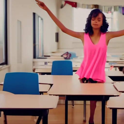 Image similar to film still of stylish girl dancing on school desk, tilted frame, 3 5 °, dutch angle, cinematography from music video