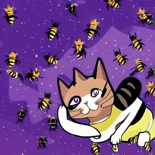 Image similar to cat doing a cool backflip, bees flying around, anime style