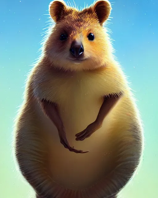 Image similar to highly detailed surreal vfx portrait of a sacred quokka, stephen bliss, unreal engine, greg rutkowski, loish, rhads, beeple, makoto shinkai and lois van baarle, ilya kuvshinov, rossdraws, tom bagshaw, alphonse mucha, global illumination, detailed and intricate environment