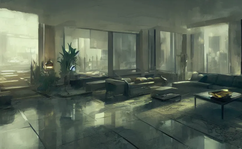 Image similar to a stylish luxury high tech apartment interior, painting by Craig Mullins, plants, octane rendering, warm moody lighting, wide angle lens, low view, in the style of blade runner, trending on artstation, 8k,