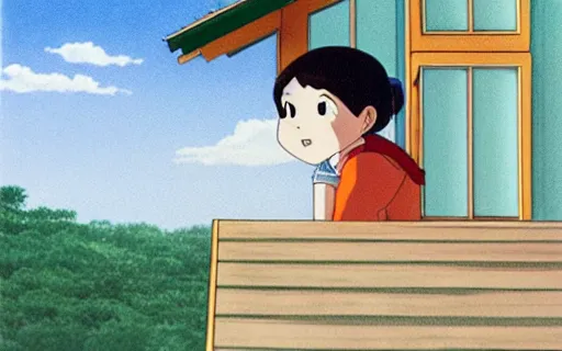 Prompt: a girl sitting on the roof of a house, art by hayao miyazaki, studio ghibli film