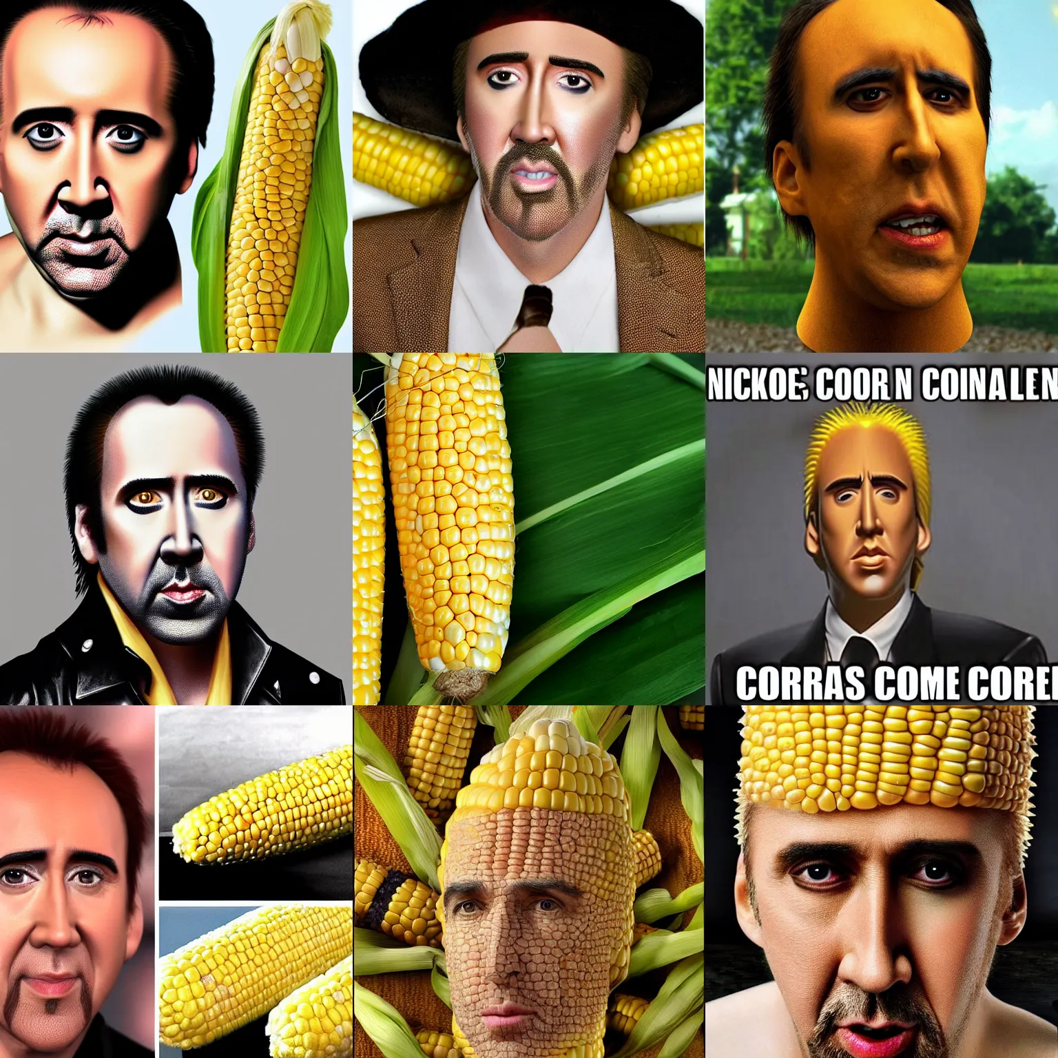 Prompt: nicolas cage corn hybrid, skin is made if corn, is trapped in a corn cob