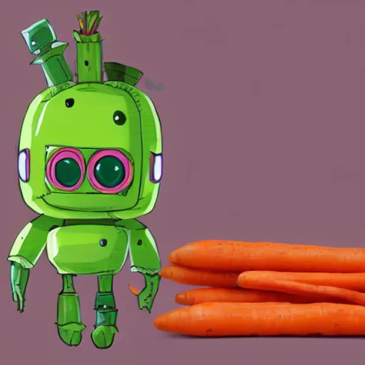 Prompt: cute robot made of vegetables, tomato head and a carrot sword, made in abyss style