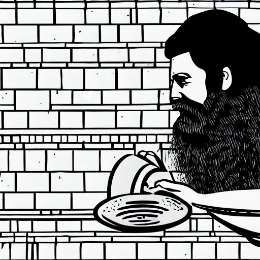 Image similar to bearded man turns bowl using woodlathe, vector art, monochromatic