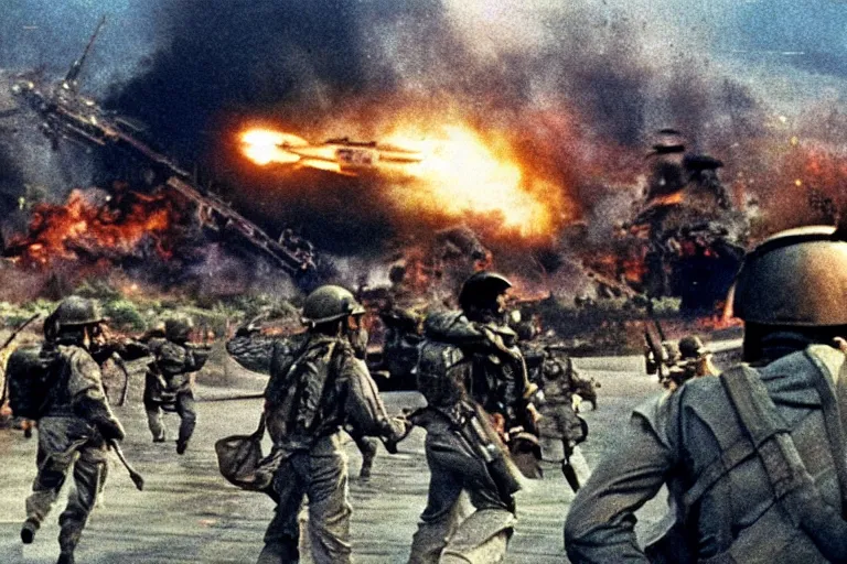 Image similar to vietnam war, a still from a pixar movie, cinematic action shot, explosions