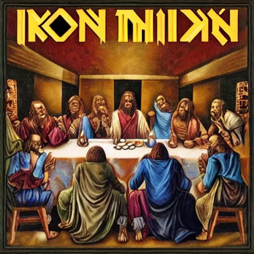 Image similar to the last supper, iron maiden cover album, with undeads