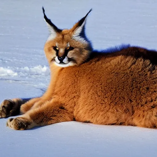 Image similar to fullbody photo still of sleepy fat chubby caracal, lying sleeping on snowy ice, big stomach, fullbody, sunny winter day