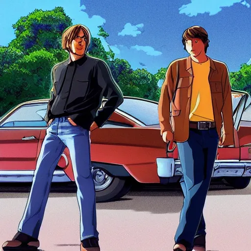 Image similar to anime still of once upon a time in hollywood art by Dice Tsutsumi, Makoto Shinkai, Studio Ghibli!!!!, Studio ghibli art style, art by Dice Tsutsumi, Makoto Shinkai, Studio Ghibli!!!!