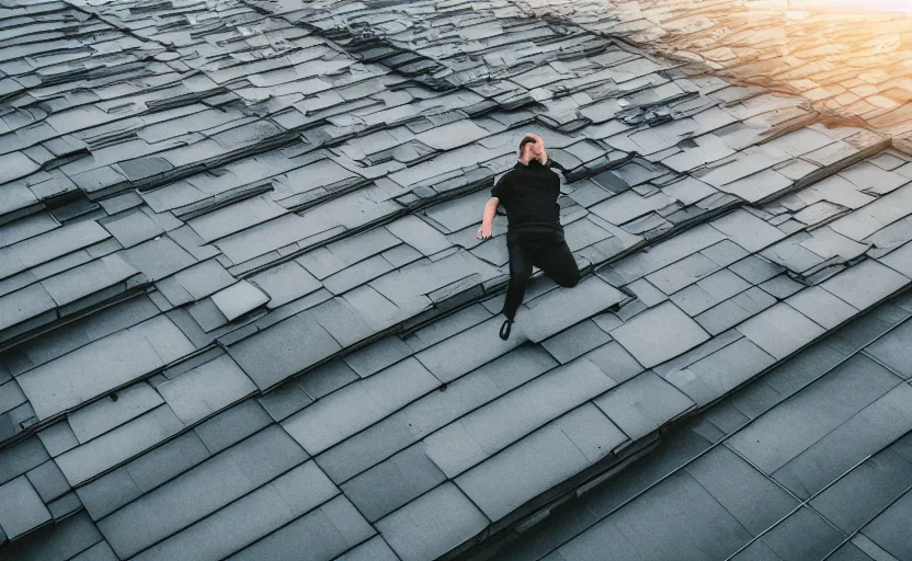 Prompt: sideways landscape photo of person jumping on the roofs, high contrast, moody sunset, late night, blurry photo, sharp focus, digital art, smooth