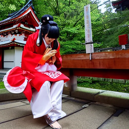 Prompt: reimu hakurei eats a burger at a shinto shrine