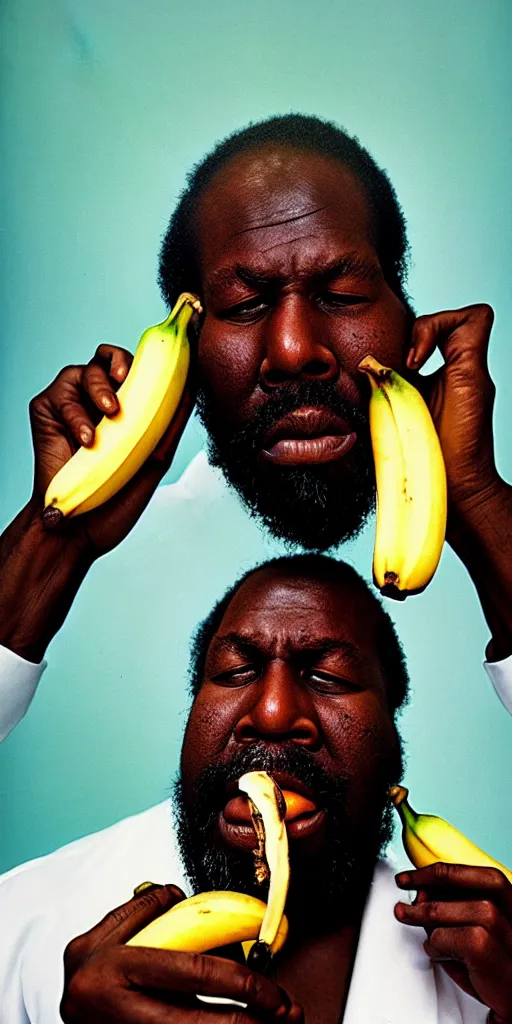 Image similar to award winning photo of thelonious monk EATING banana republic, vivid colors, happy, symmetrical face, beautiful eyes, studio lighting, wide shot art by Sally Mann & Arnold Newman