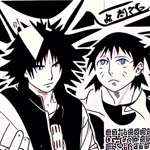 Image similar to Keanu Reeves teaches Sasuke how to chidori illustrated by Kishimoto highly detailed manga panel