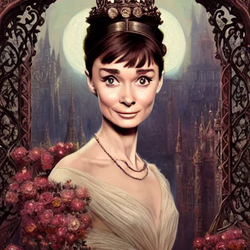 Image similar to audrey hepburn in an epic victorian novel, inside an ornate castle, intricate, elegant, highly detailed, digital painting, artstation, matte, illustration, art by artgerm, greg rutkowski, loish, rhads, ferdinand knab, makoto shinkai, lois van baarle, ilya kuvshinov, rossdraws, tom bagshaw