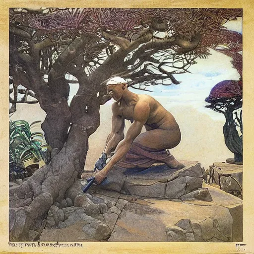 Image similar to Muscular African gardener cutting bonsai trees, grey Hair, idyllic Garden, by Annie Swynnerton and Nicholas Roerich and jean delville, glowing paper lanterns, strong dramatic cinematic lighting , ornate tiled architecture, lost civilizations, smooth, sharp focus, extremely detailed