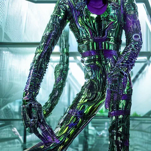 Image similar to conde nast traveler photo, inside a futuristic detailed alien jungle made out of shiny reflective chrome, futuristic android with limbs made out of stretchy rubber tubing mixed with shiny colorful giant intricate detailed chrome gauntlets and chest piece and luchador mask, wearing a long purple velvet cape, fog and mist