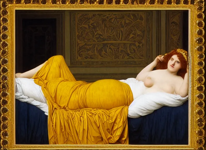 Image similar to portrait of lady reclining on bed, wearing yellow ochre ornate medieval dress, preraphaelite colour photography by frederic leighton, william morris, 8 k