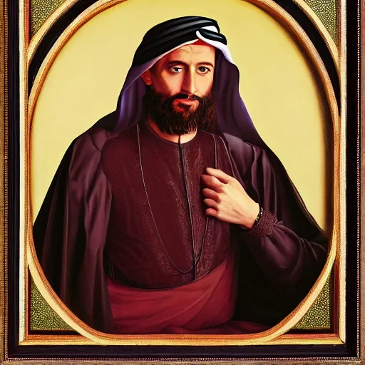 Prompt: renaissance oil portrait of a sheikh, wearing expensive clothes, by Arthur Adams, Diego Gisbert Llorens