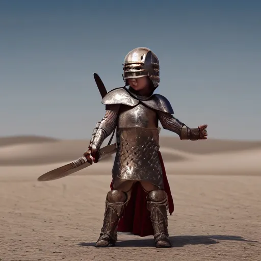 Prompt: cinematic shot of a cute baby wearing ancient roman armor and holding a sword in a desert, 8 k, very detailed, very intricate,