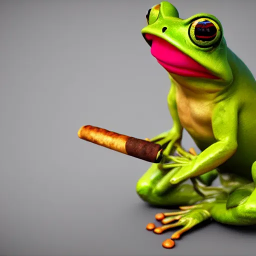 Image similar to a high quality photo of an antropomorphic frog wearing a suit smoking a cigar, 3d scene, render, ultra realistic, artstation, cgsociety