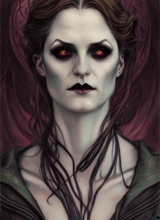 Prompt: an art nouveau, evil vampire portrait in the style of charlie bowater, and in the style of donato giancola, and in the style of charles dulac. very large, clear, expressive, intelligent eyes. symmetrical, centered, ultrasharp focus, dramatic lighting, photorealistic digital painting, intricate ultra detailed background.