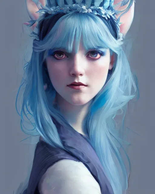 Image similar to symmetrical portrait of a pretty girl with blue hair dressed as alice in wonderland, digital painting, 8 k, concept art, art by wlop, artgerm, greg rutkowski and alphonse mucha
