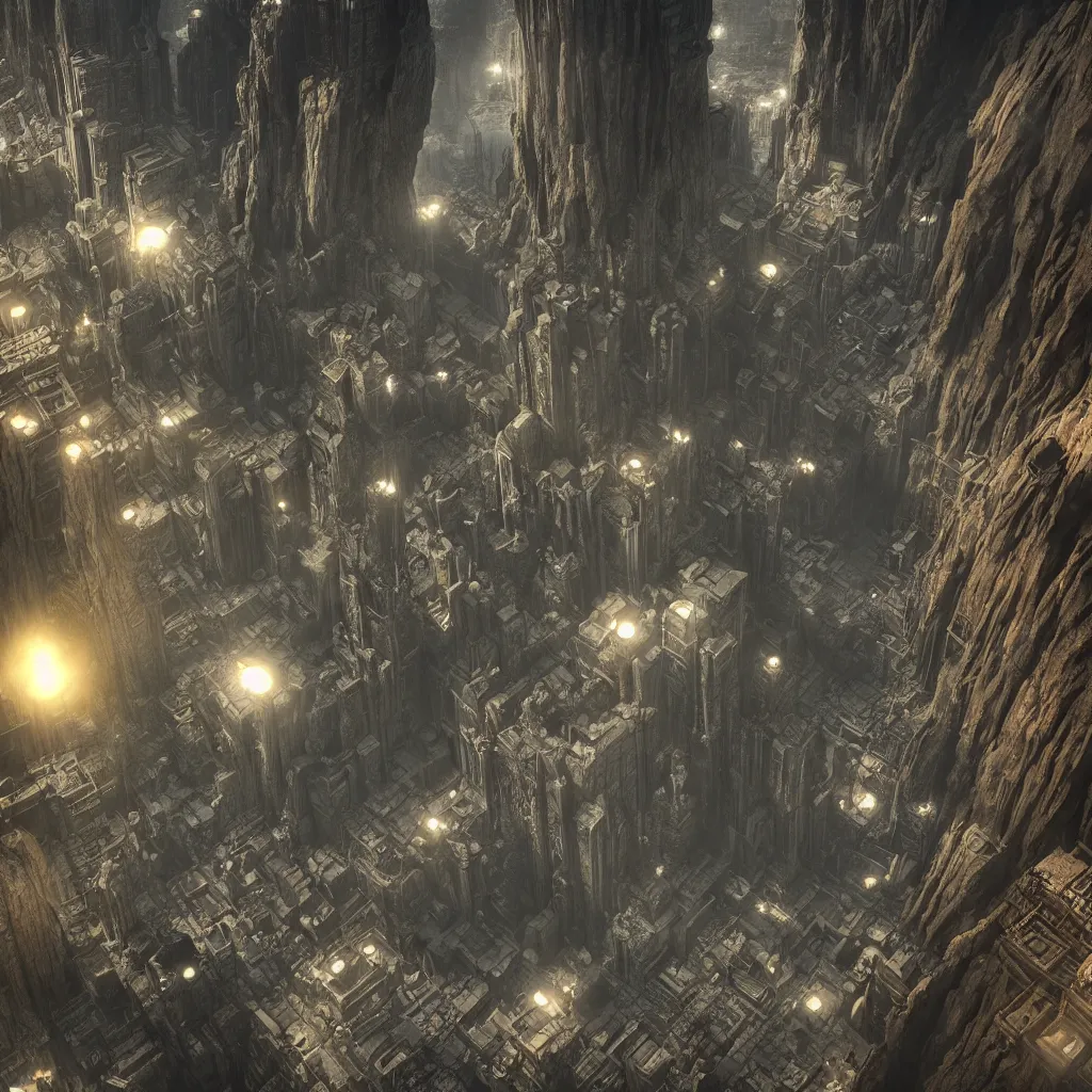 Image similar to inception lovecraft city carved from rock underground another inverted upside down above, artstation, cinematic warm volumetric lighting