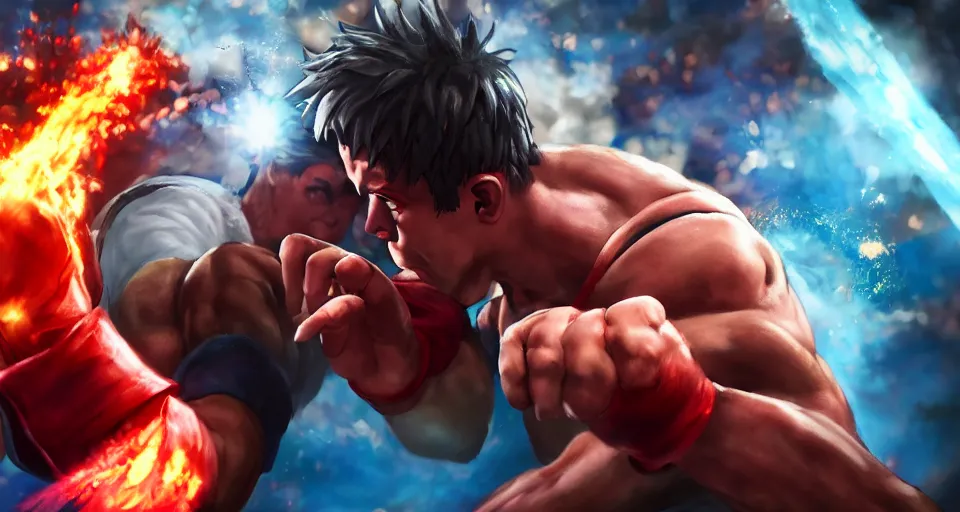 Image similar to Epic dramatic cinematic close-up character shot of a man pit against his mortal enemy in a thumb war for the fate of cosmic reality. Digital art. Street Fighter V game concept art.