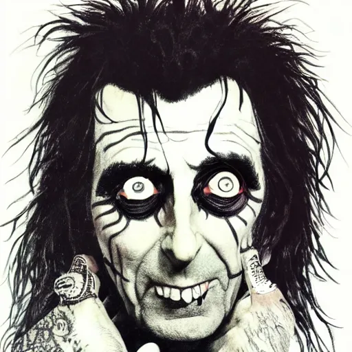 Image similar to Alice cooper in the style of terry gillam