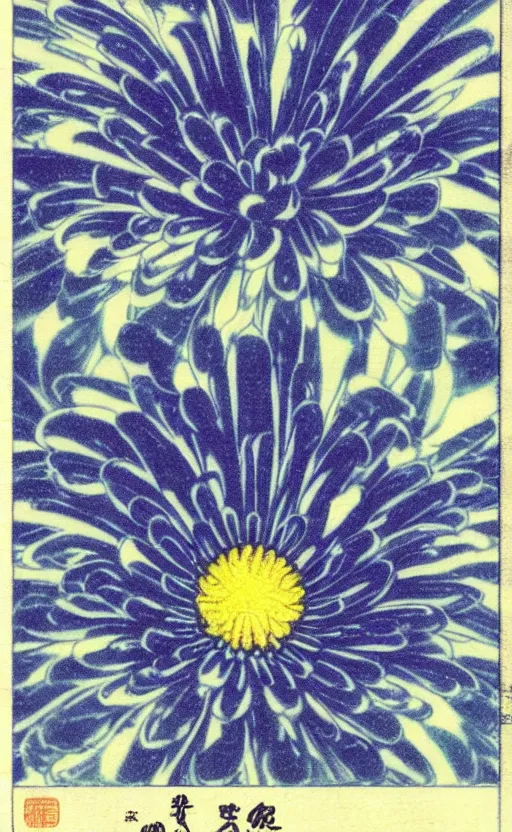 Prompt: by akio watanabe, manga art, a chrysanthemum flower inside a blue and flat sake cup, trading card front